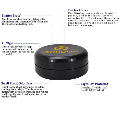 Gordon Smell Proof Airtight Aircraft Aluminum Storage Cigarette Jar, Black Stash Jars, 50 mm Size Smell Proof Container